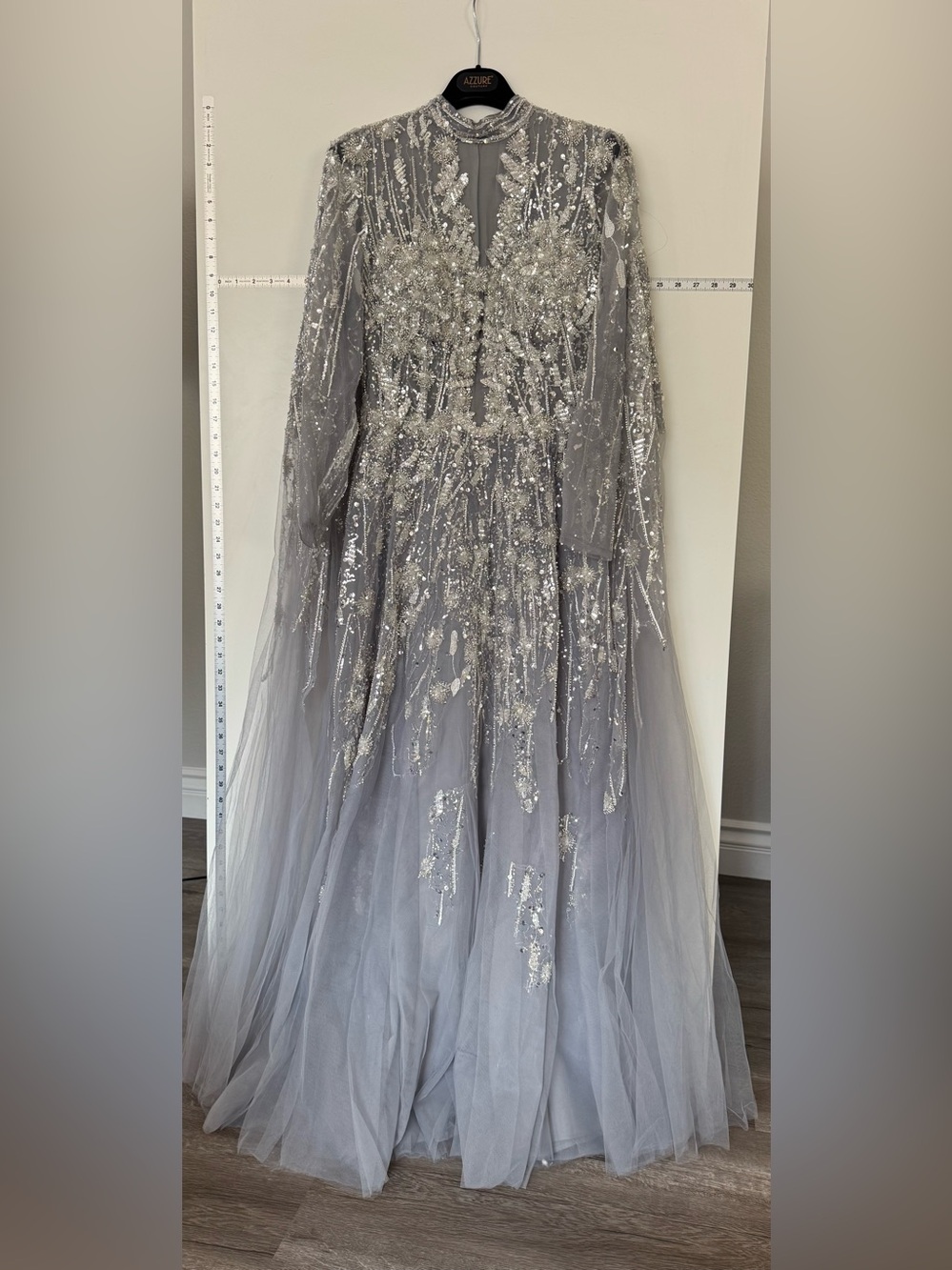 Azzure Couture Silver Embellished Gown- Size 8-Beaded Tulle Evening Dress - Picture 2 of 13